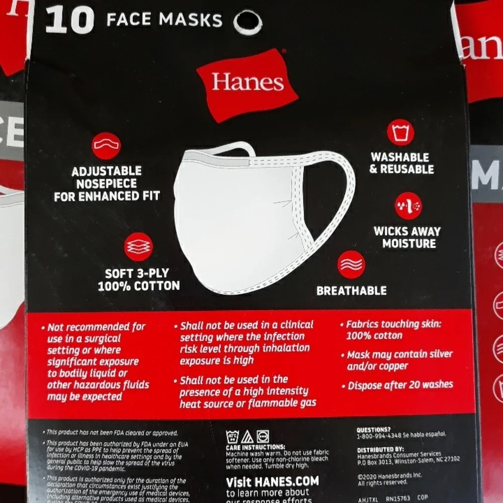 Hanes 10 Pack White Face Masks 100% Cotton 3-Ply Adjustable Breathable Reusable